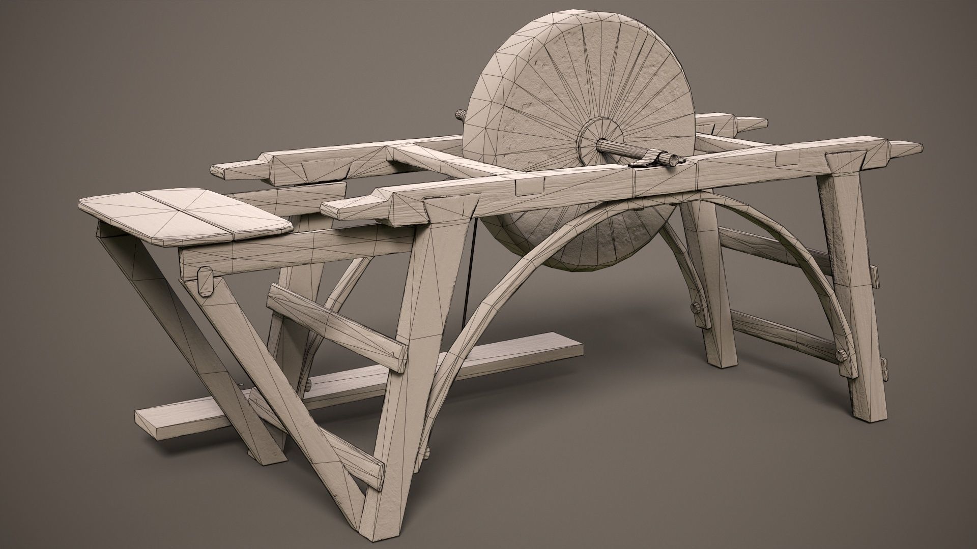 Grindstone spinning wheel on wooden frame Low-poly 3D model_11