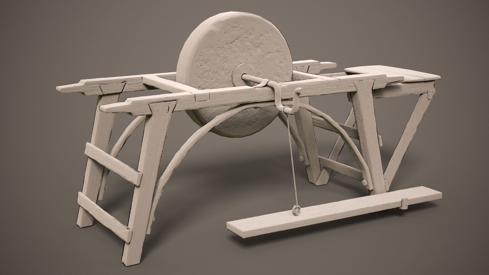 Grindstone spinning wheel on wooden frame Low-poly 3D model_6