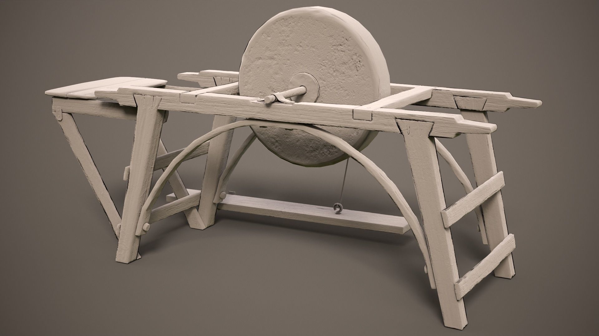 Grindstone spinning wheel on wooden frame Low-poly 3D model_8
