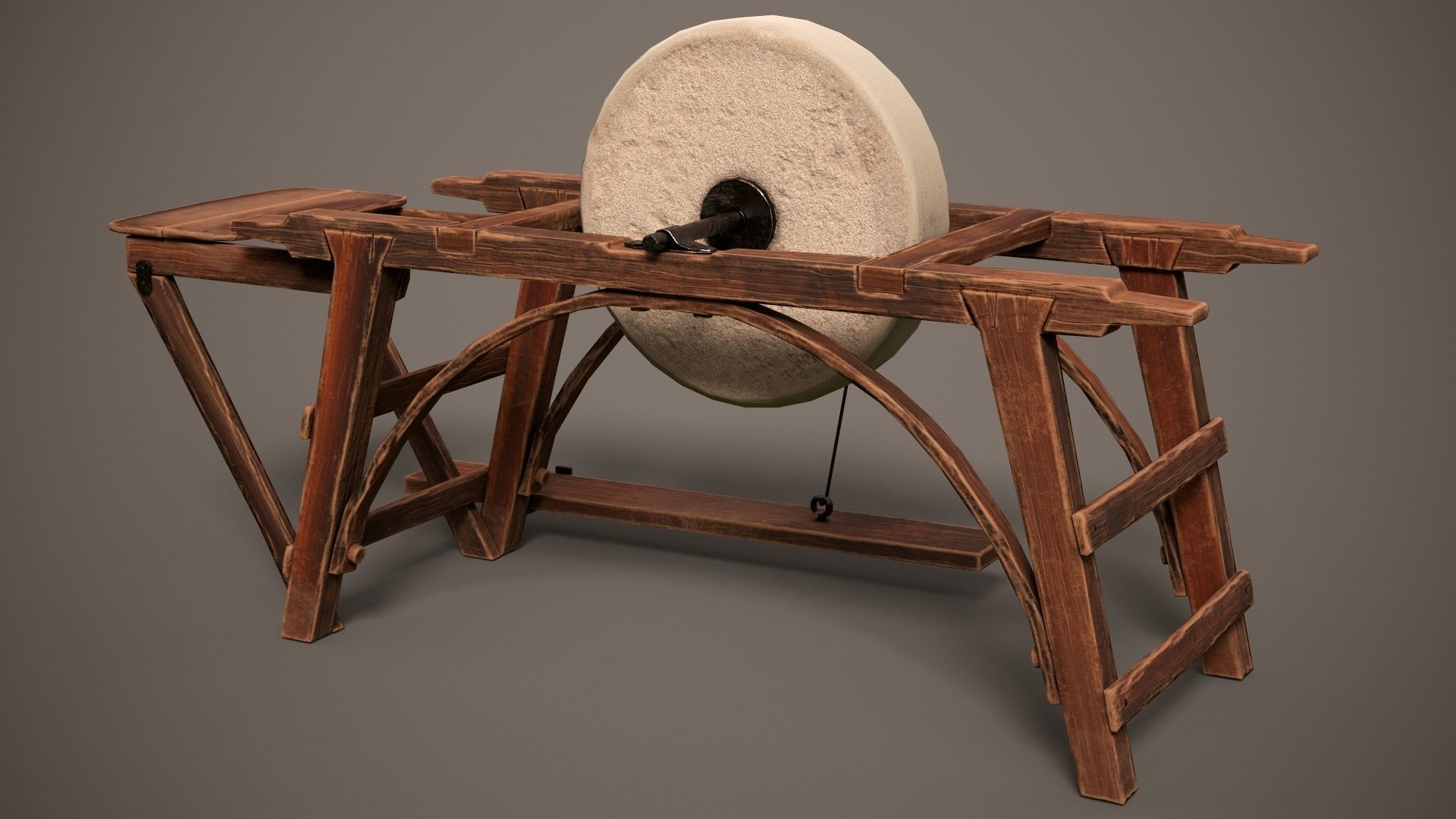 Grindstone spinning wheel on wooden frame Low-poly 3D model_2