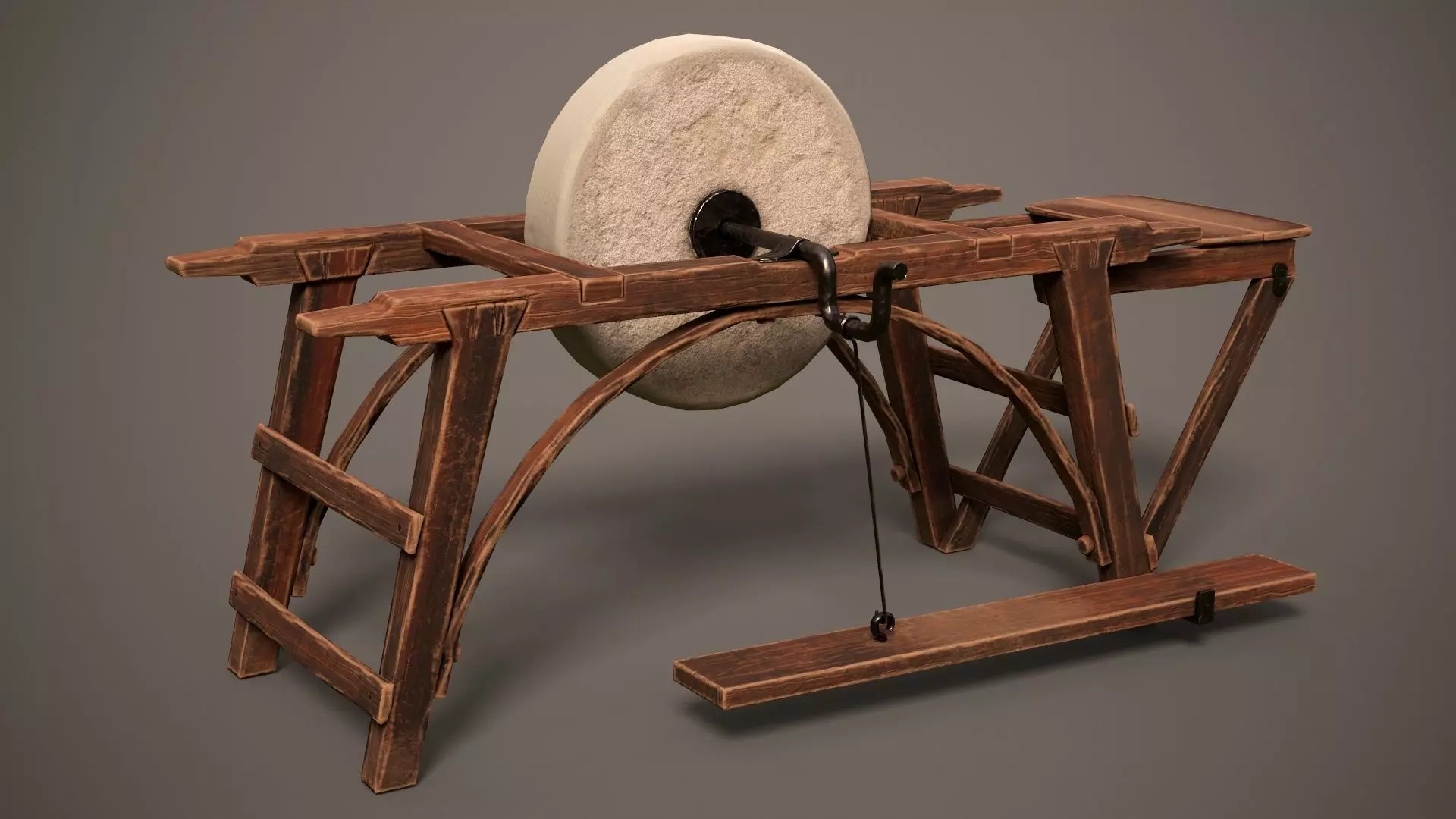 Grindstone spinning wheel on wooden frame Low-poly 3D model_0