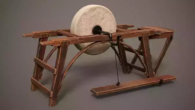 Grindstone spinning wheel on wooden frame Low-poly 3D model