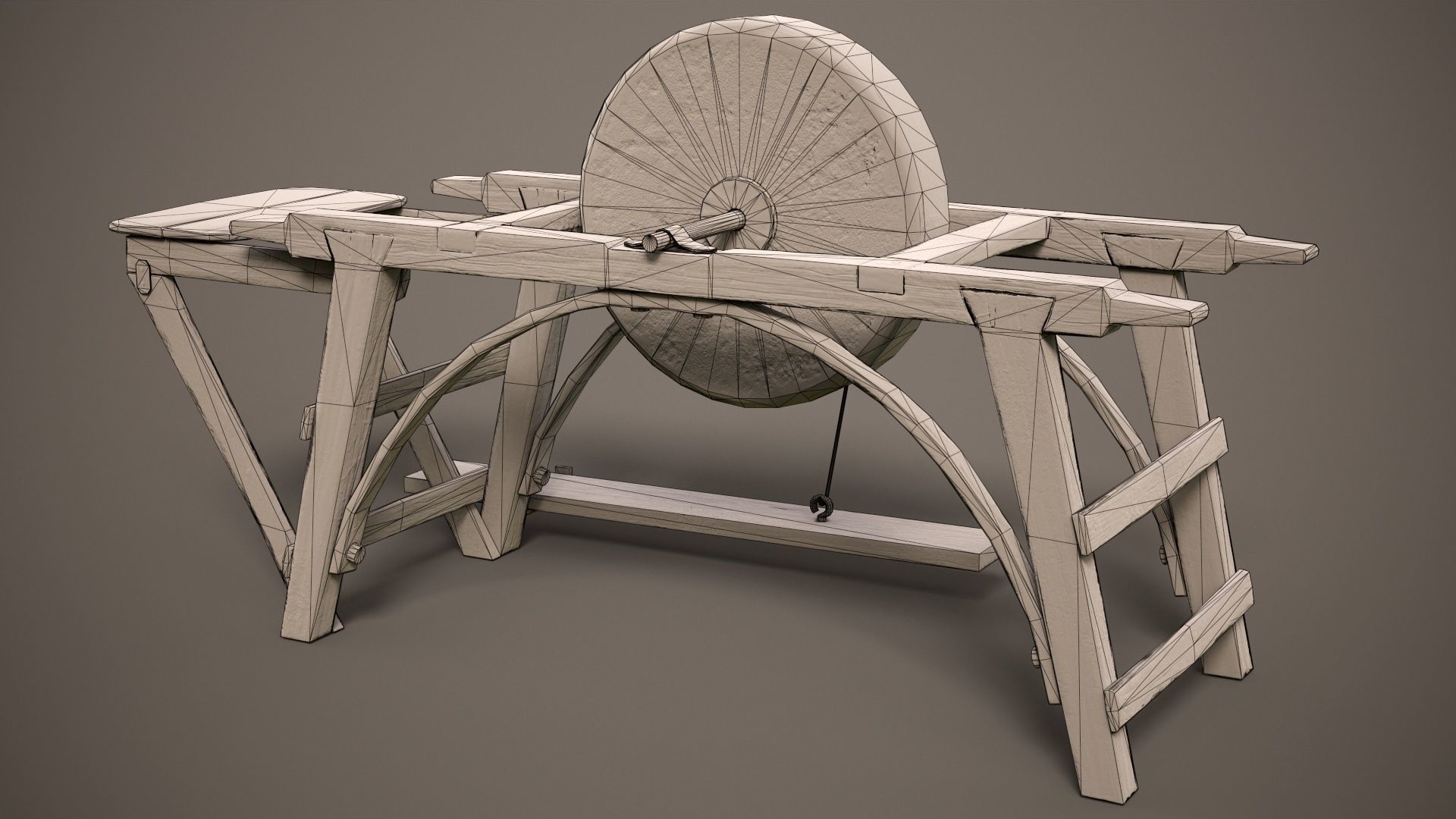 Grindstone spinning wheel on wooden frame Low-poly 3D model_9