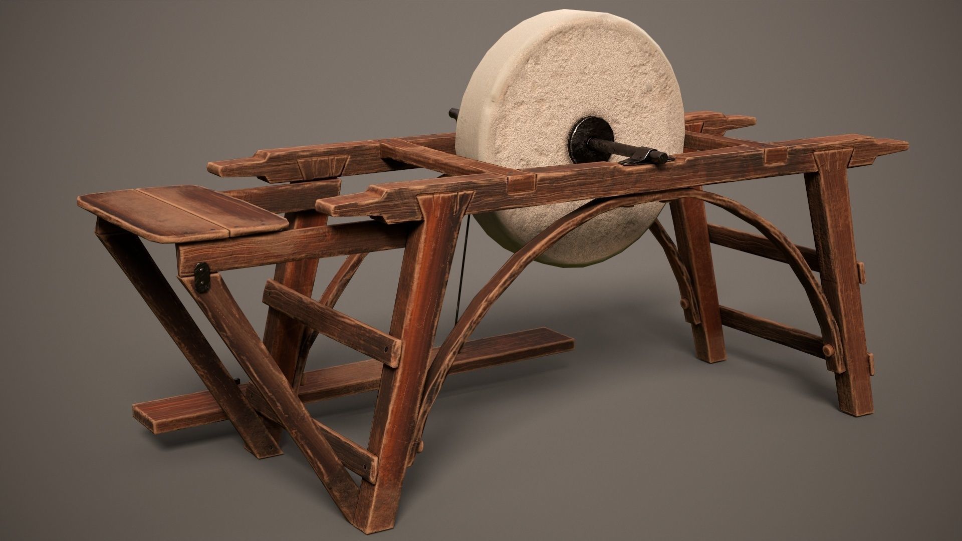 Grindstone spinning wheel on wooden frame Low-poly 3D model_3
