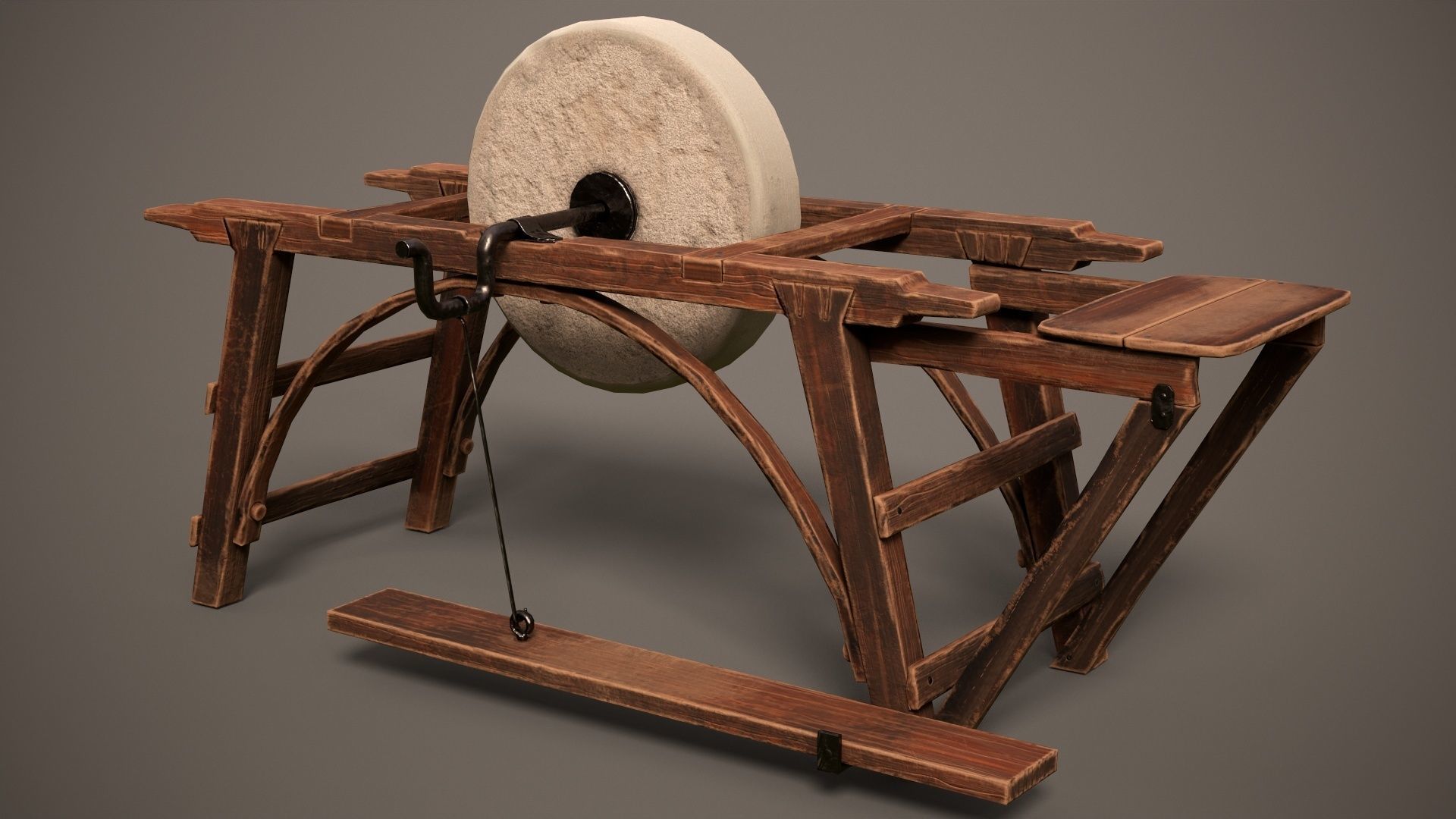 Grindstone spinning wheel on wooden frame Low-poly 3D model_4