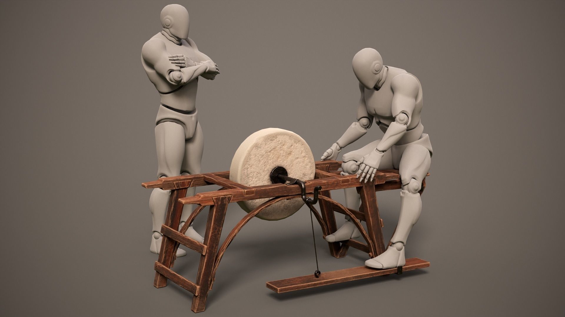 Grindstone spinning wheel on wooden frame Low-poly 3D model_5