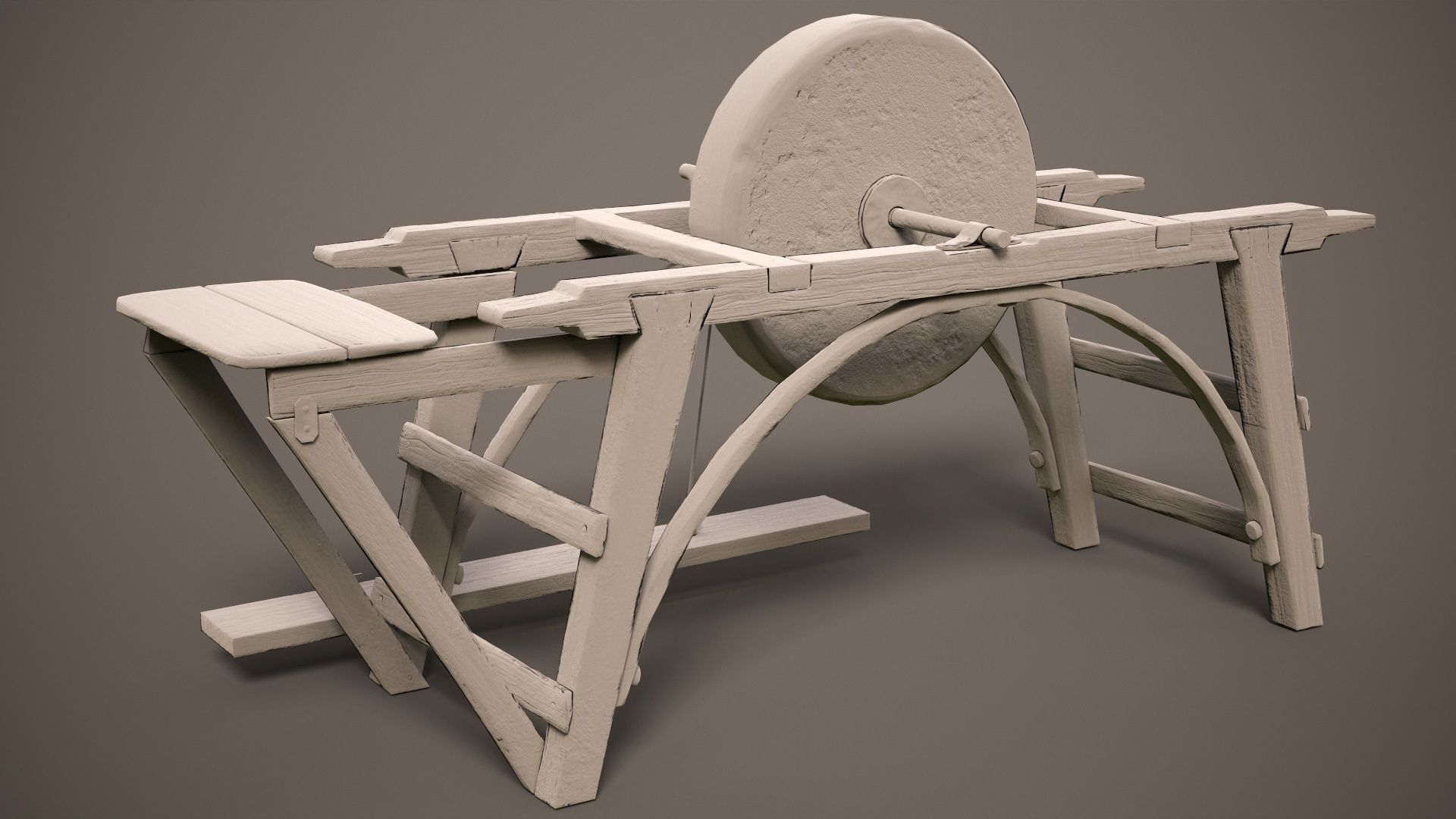 Grindstone spinning wheel on wooden frame Low-poly 3D model_10