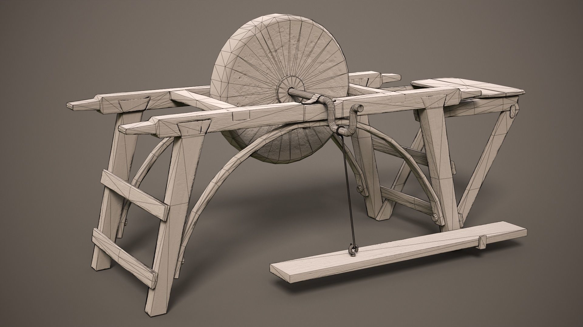 Grindstone spinning wheel on wooden frame Low-poly 3D model_7