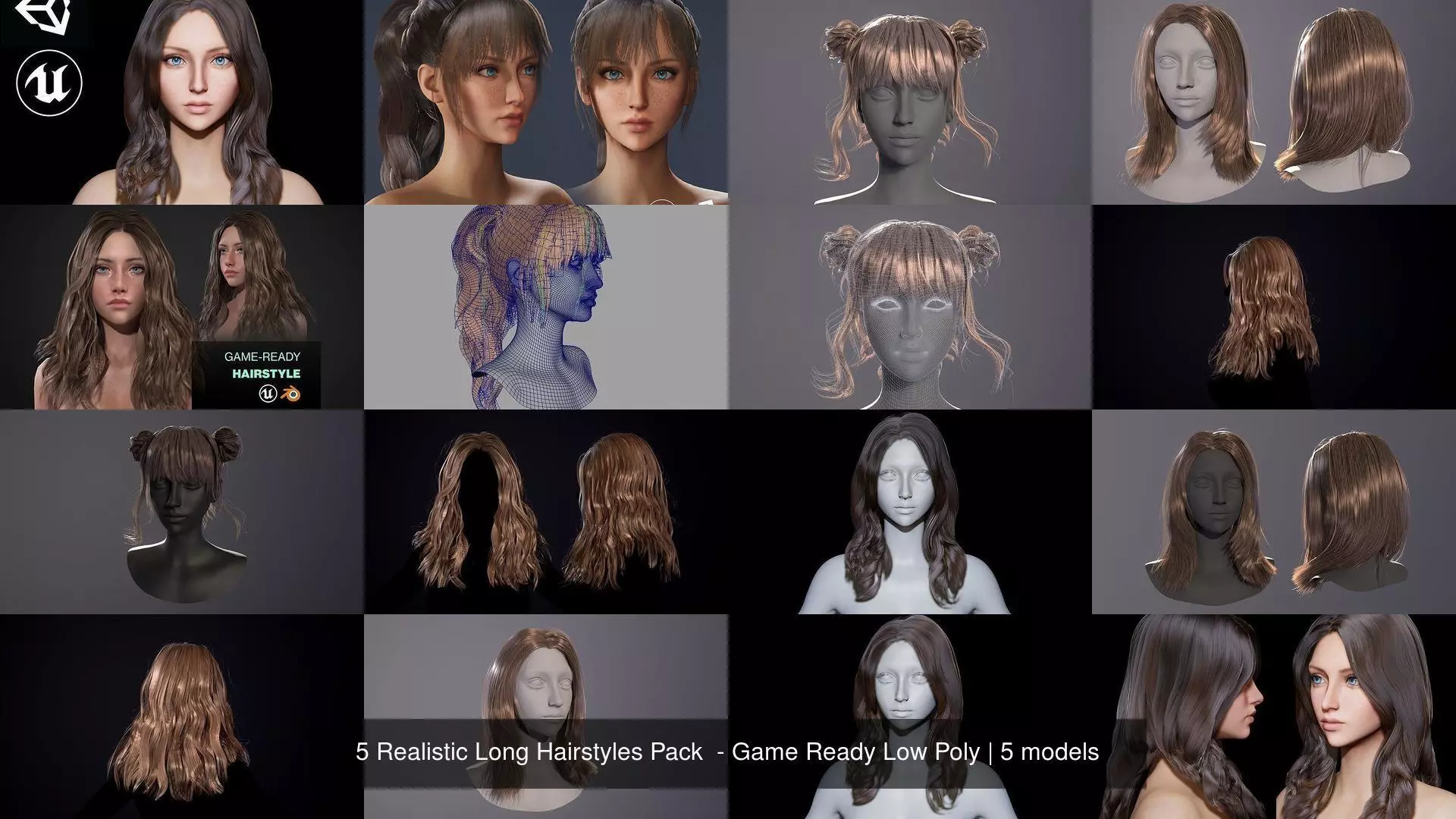 5 Realistic Long Hairstyles Pack  - Game Ready Low Poly 3D Model Collection_0