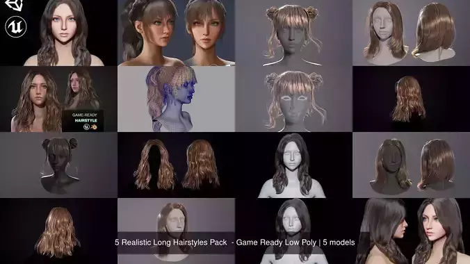 5 Realistic Long Hairstyles Pack  - Game Ready Low Poly 3D Model Collection