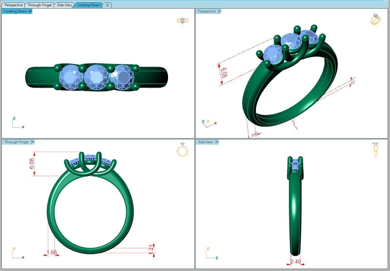 Ring101 three stone diamond ring gold 3D print model_5