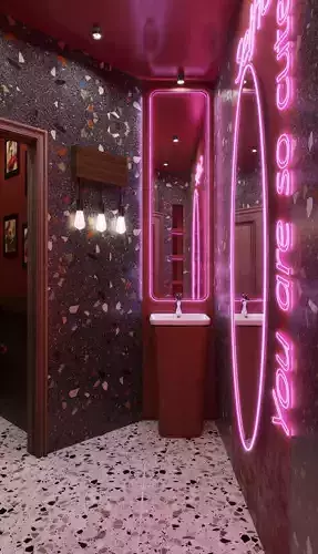 Bathroom with neon sign