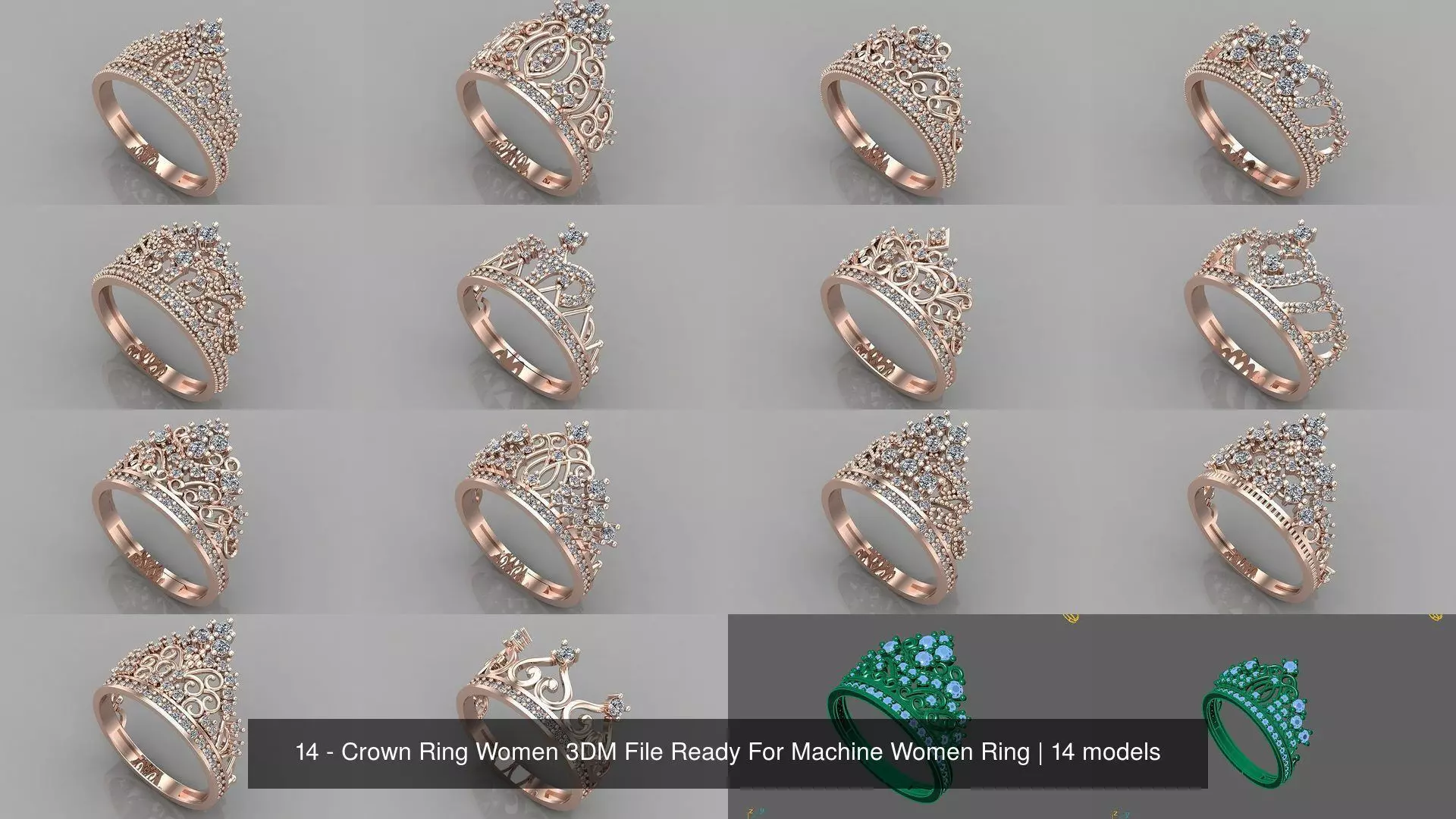 14 Files - Crown Ring Women 3DM STL Ready Machine Women Ring 3D Model Collection_0