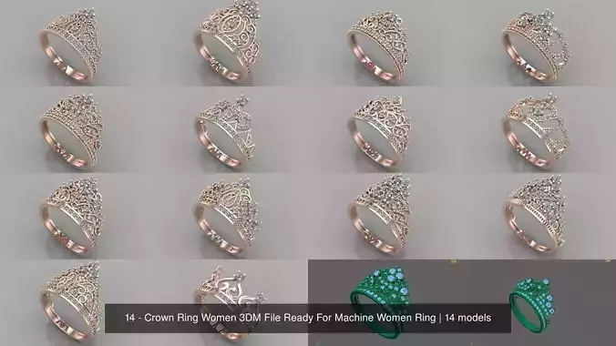 14 Files - Crown Ring Women 3DM STL Ready Machine Women Ring 3D Model Collection