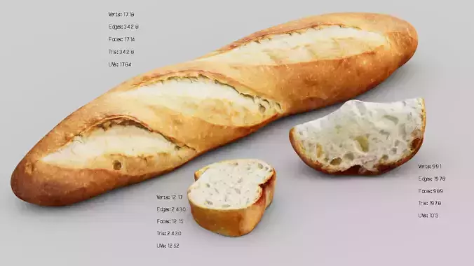 Baguette french bread Low-poly 3D model