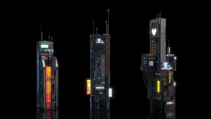 Scifi building Cyberpunk Futuristic building Kitbash Bundle 3D model 7