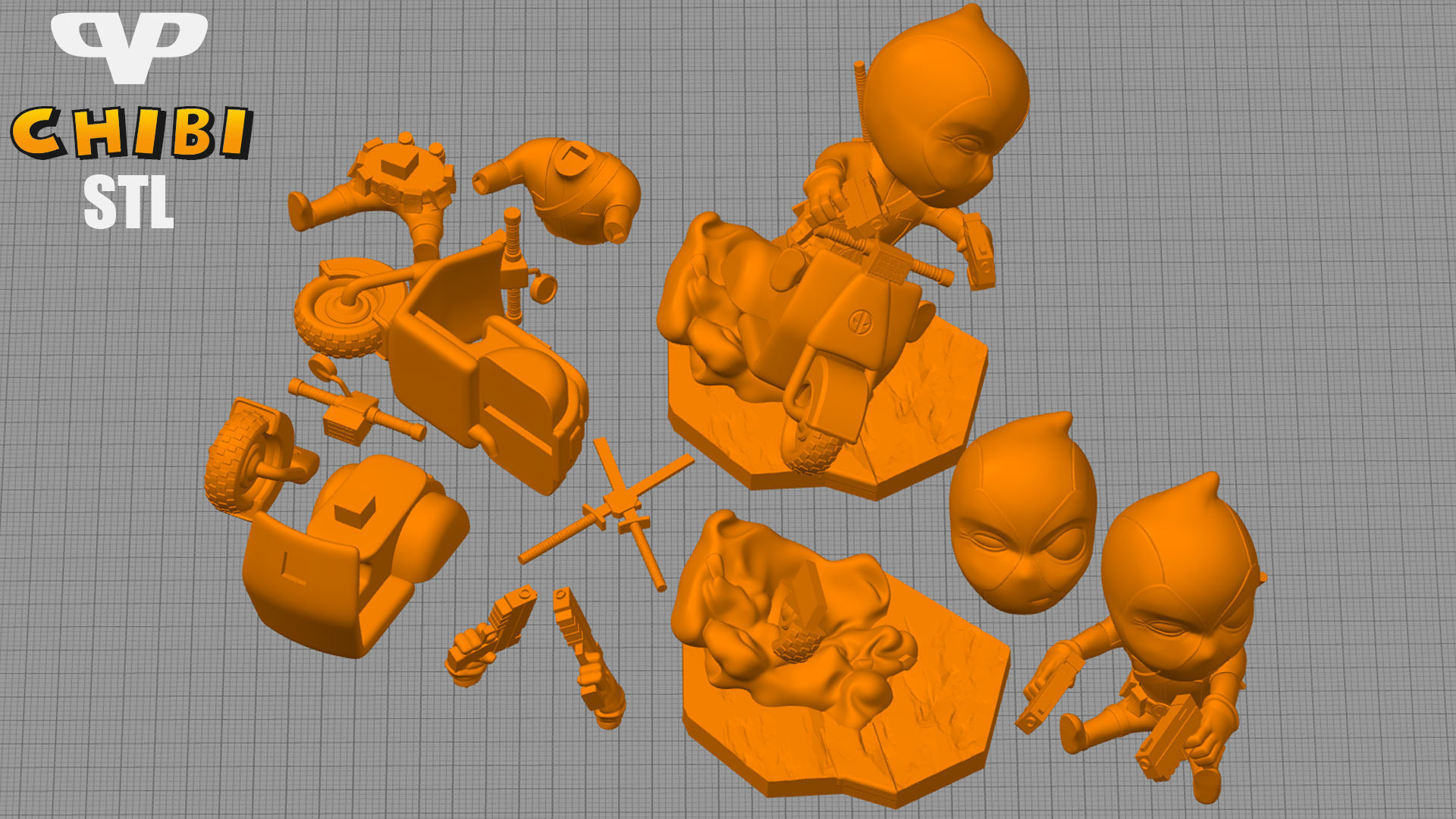 Deadpool on Vespa Chibi STL for 3D Printing ChibiSTL 3DXM 3D print model_1