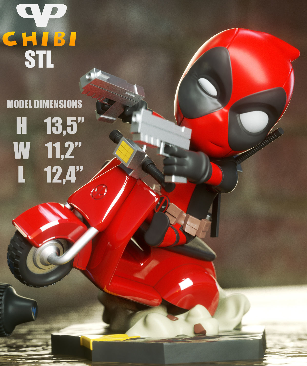 Deadpool on Vespa Chibi STL for 3D Printing ChibiSTL 3DXM 3D print model_2