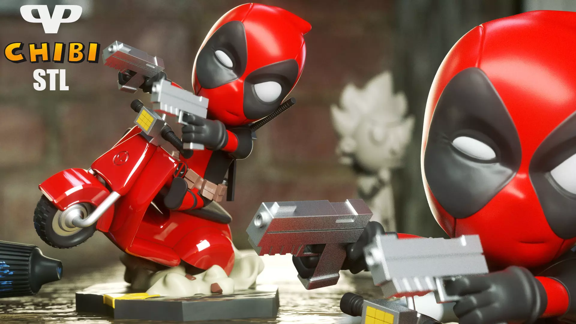 Deadpool on Vespa Chibi STL for 3D Printing ChibiSTL 3DXM 3D print model_0