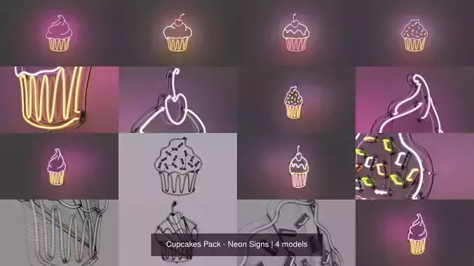 Cupcakes Pack - Neon Signs 3D Model Collection