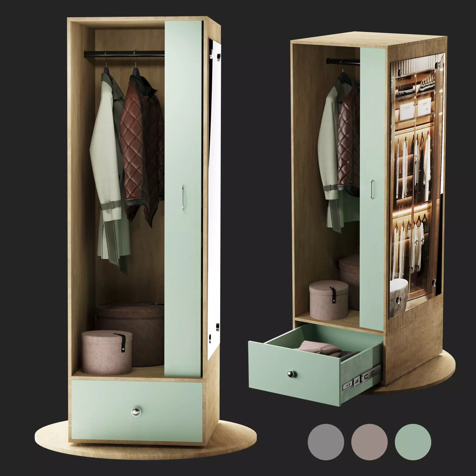 Full length Mirror And Storage Wardrobe Oak 3D model_0