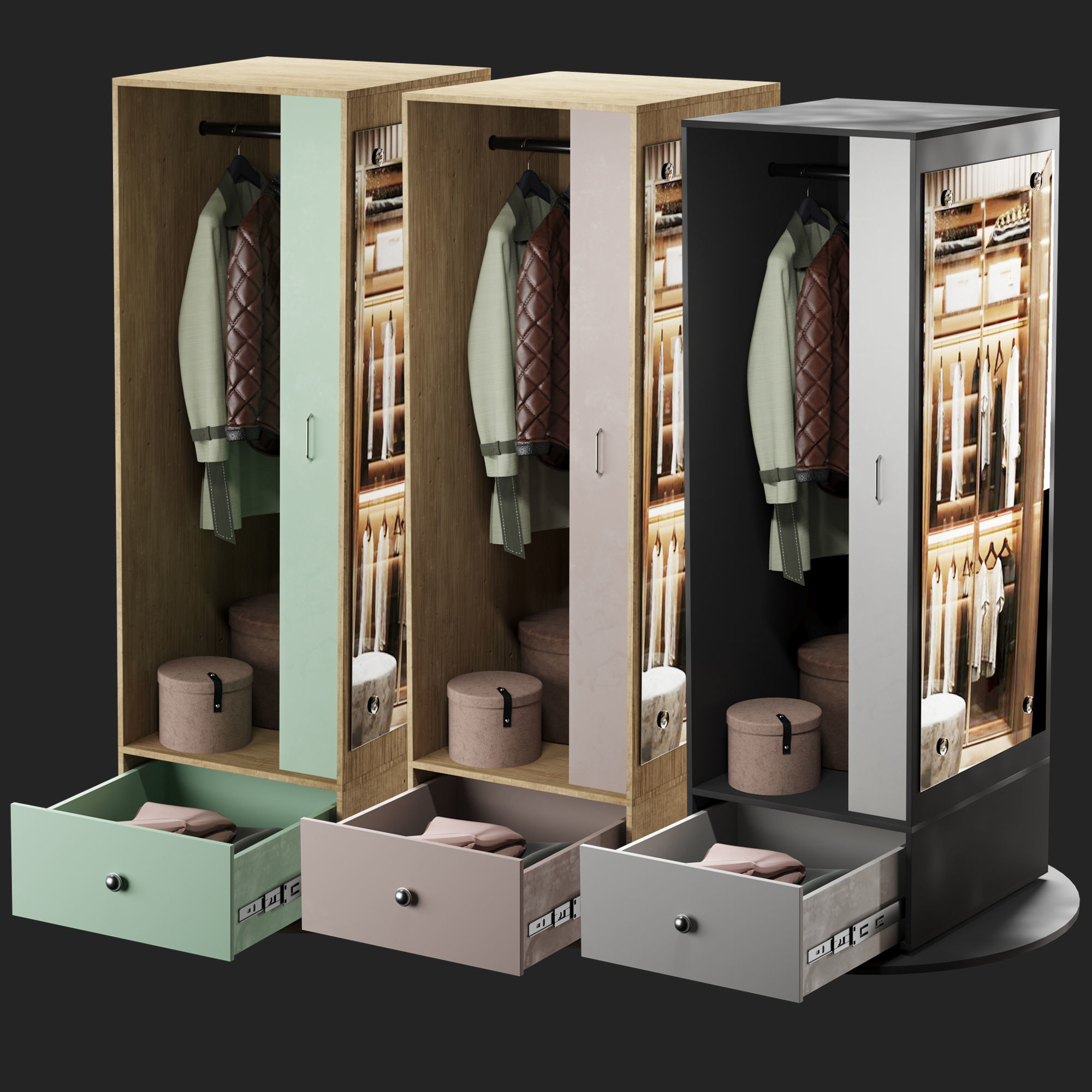 Full length Mirror And Storage Wardrobe Oak 3D model_1