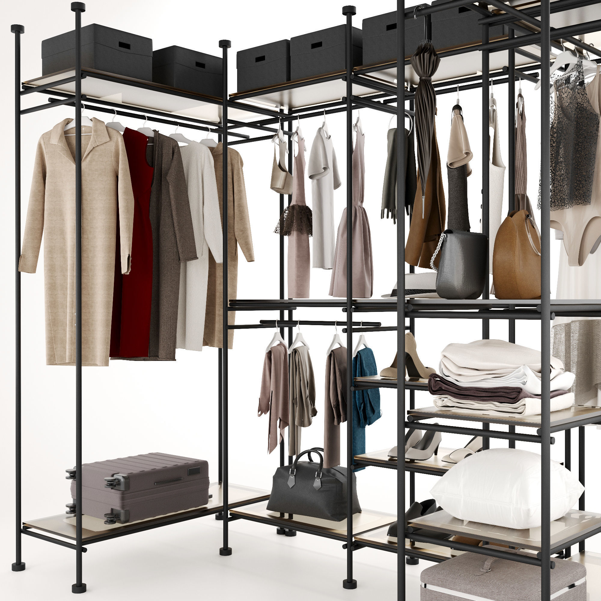 Wardrobe closet with clothes and accessories 3D model_3