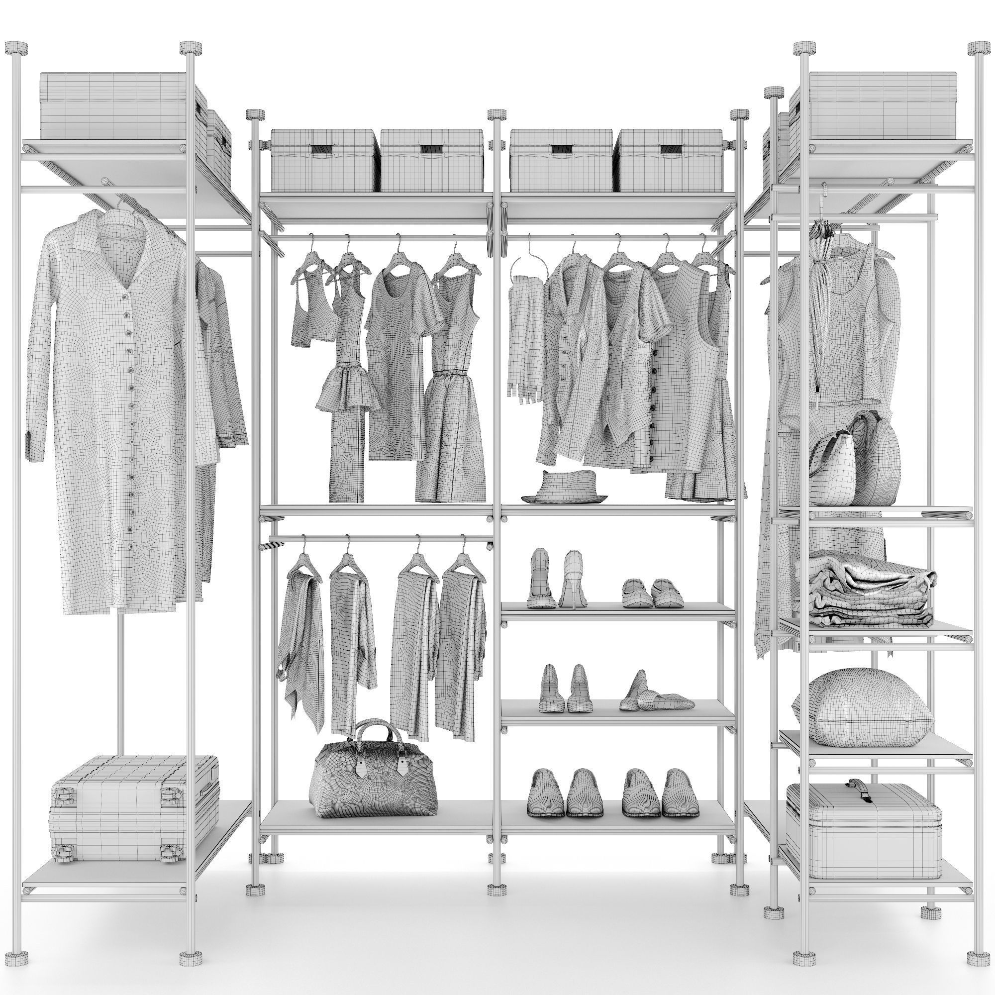 Wardrobe closet with clothes and accessories 3D model_8