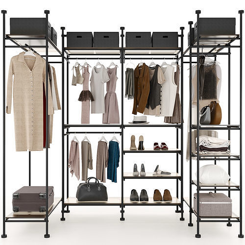 Wardrobe closet with clothes and accessories 3D model