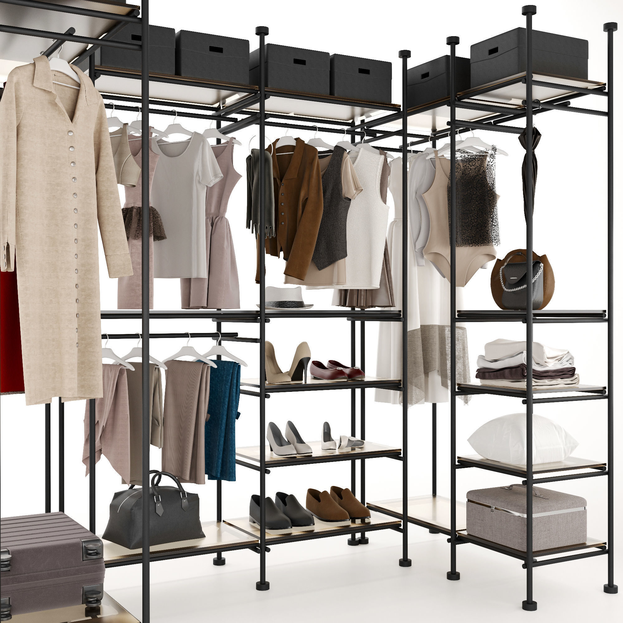 Wardrobe closet with clothes and accessories 3D model_4