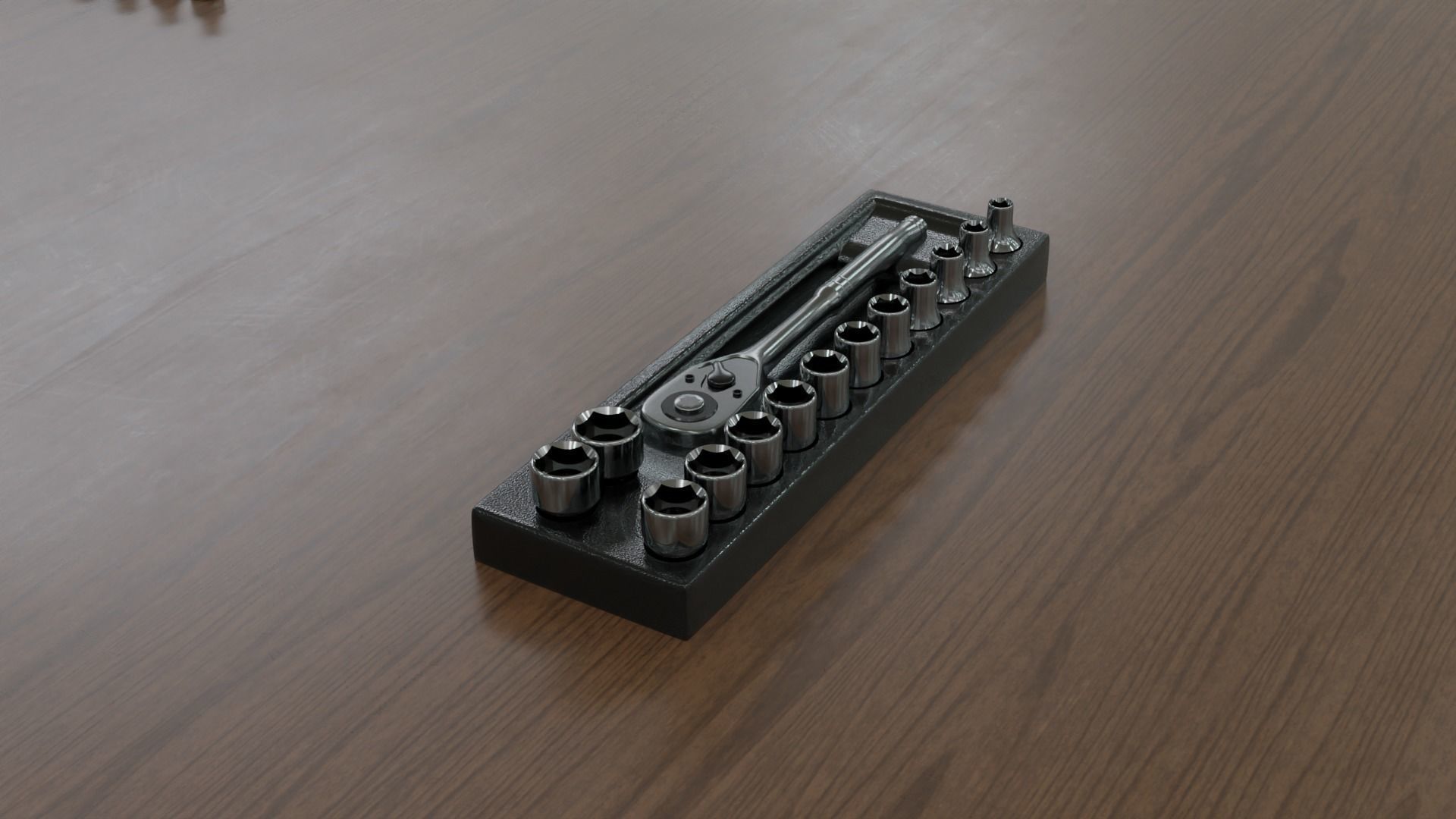 Tool set on wooden table 3D model_2