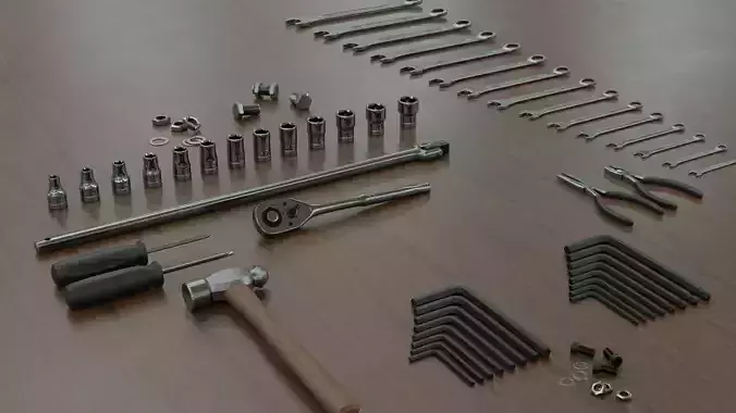 Tool set on wooden table 3D model