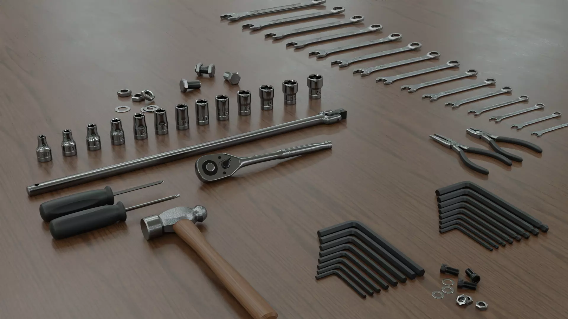 Tool set on wooden table 3D model_0