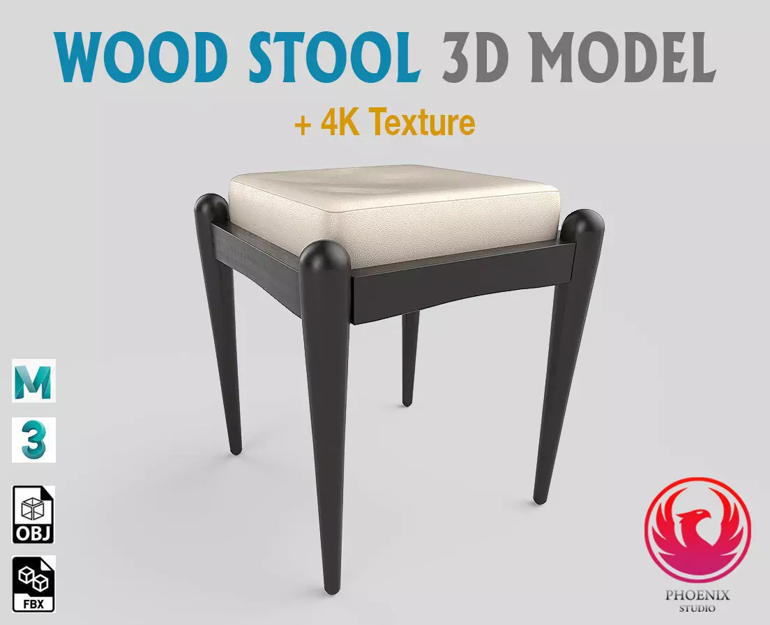 Stool with cushion Low-poly 3D model_0