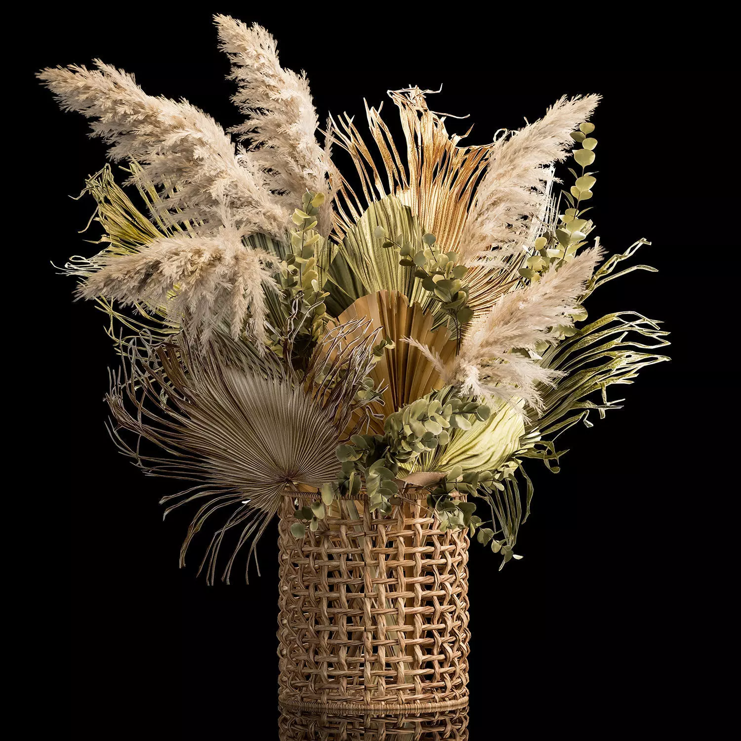 Bouquets of dried flowers with palm leaves in a basket 3D model