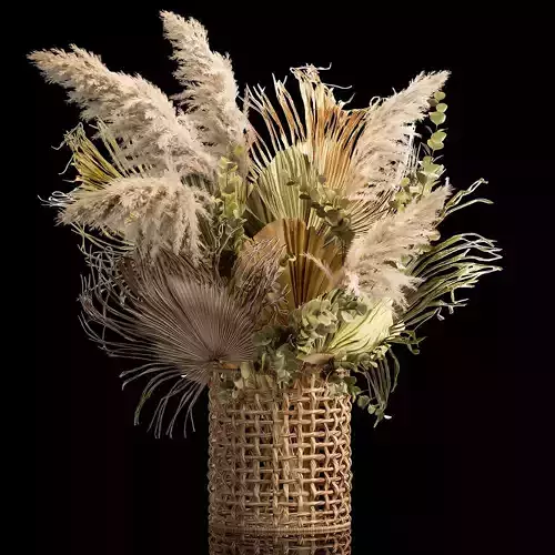 Bouquets of dried flowers with palm leaves in a basket 3D model