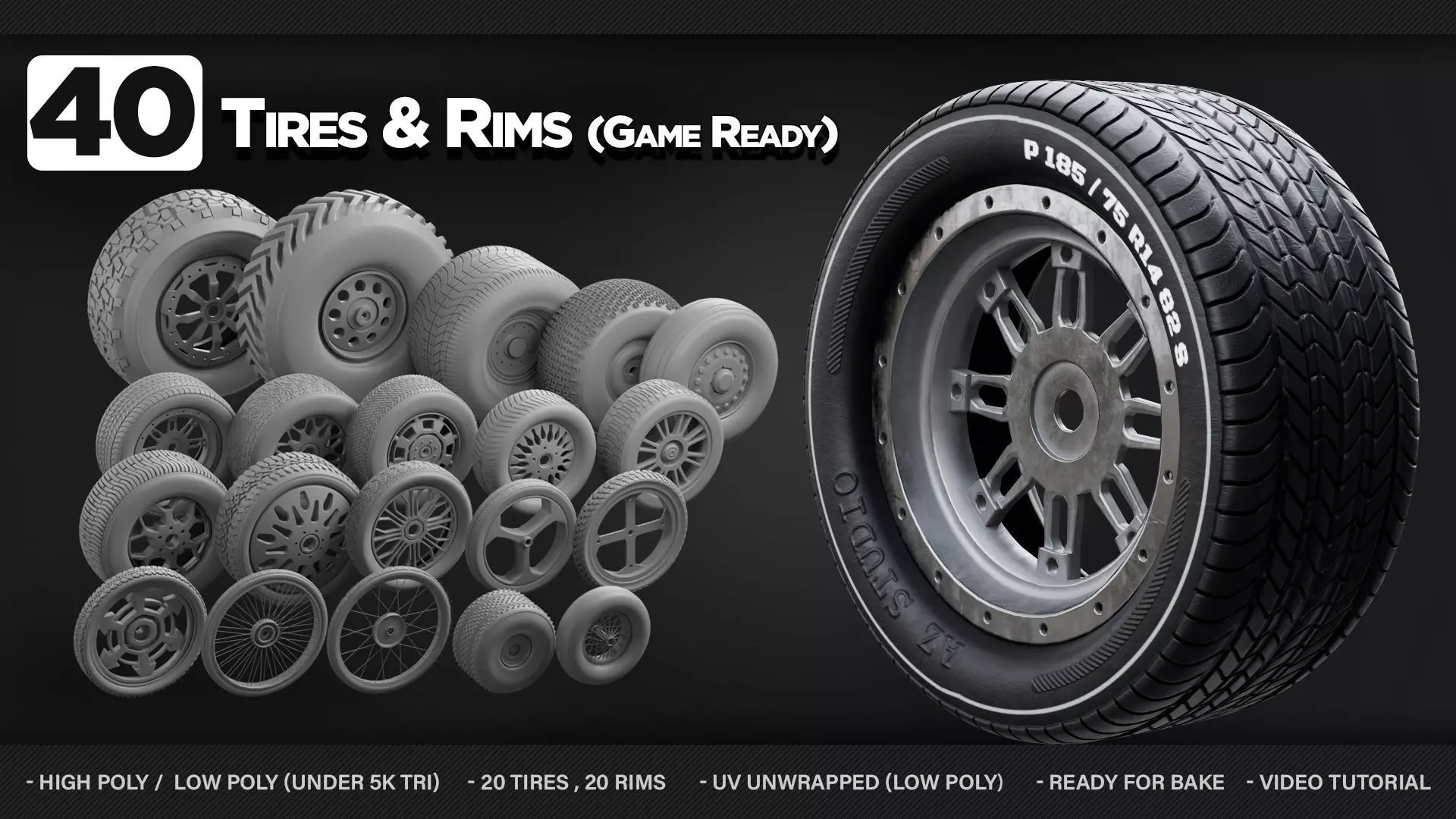 40 Tires and Rims 3D Model - Game Ready Low-poly 3D model_0