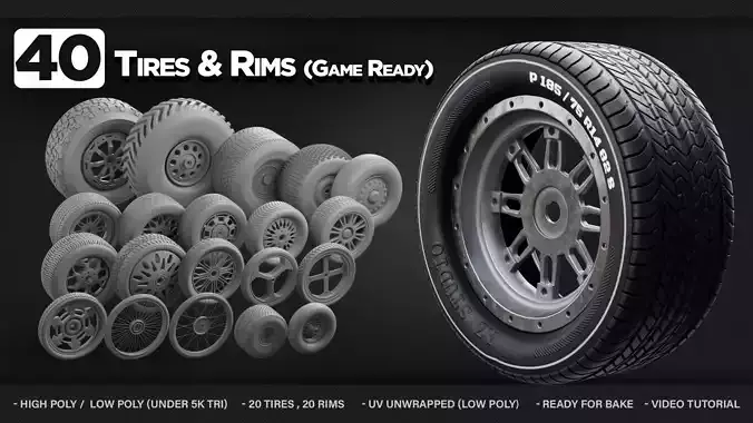 40 Tires and Rims 3D Model - Game Ready Low-poly 3D model