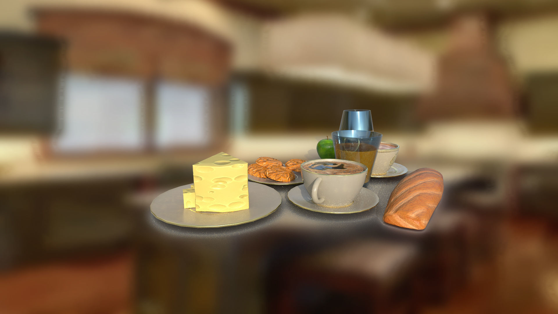 Food set coffee juice biscuits bread cheese apple BR low-poly Low-poly 3D model_3