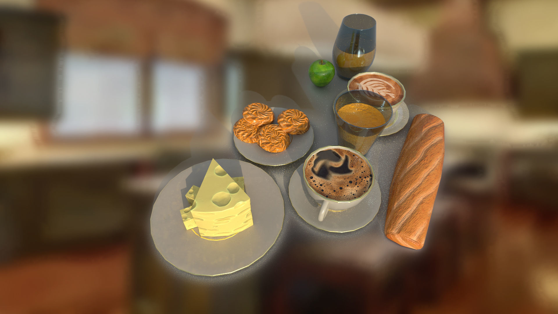 Food set coffee juice biscuits bread cheese apple BR low-poly Low-poly 3D model_2