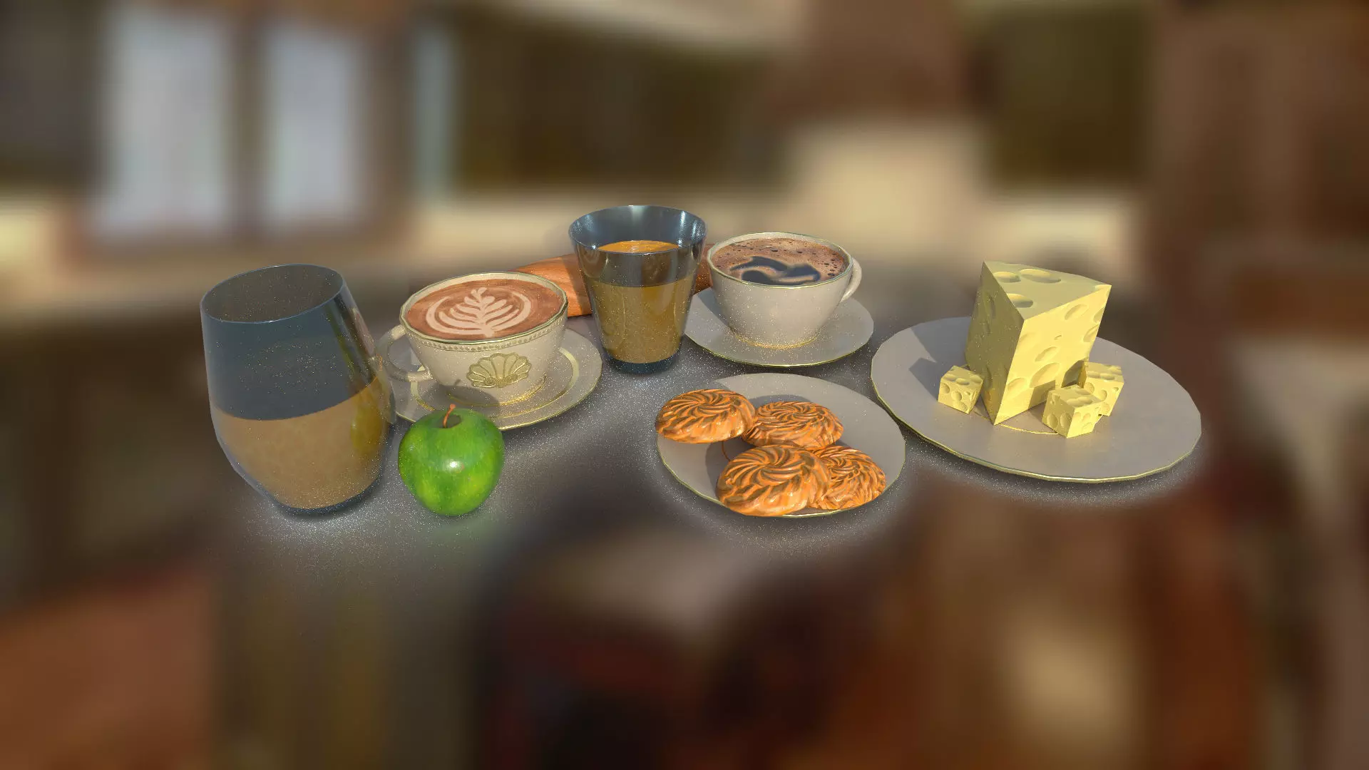 Food set coffee juice biscuits bread cheese apple BR low-poly Low-poly 3D model_0