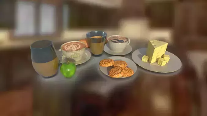 Food set coffee juice biscuits bread cheese apple BR low-poly  Low-poly 3D model