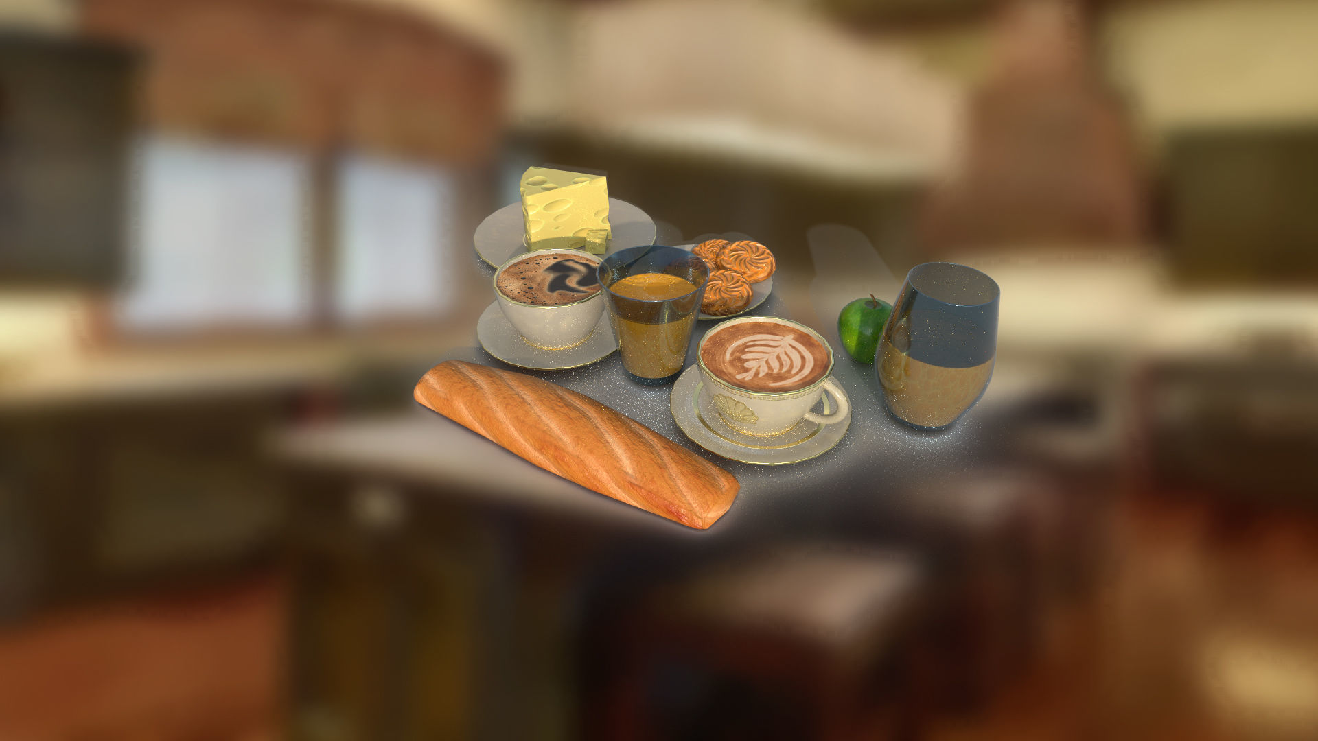 Food set coffee juice biscuits bread cheese apple BR low-poly Low-poly 3D model_1