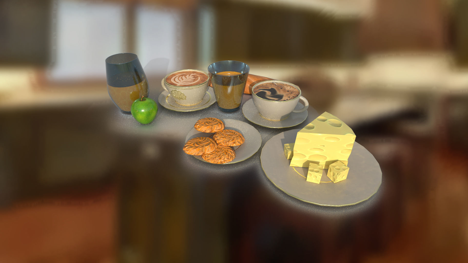 Food set coffee juice biscuits bread cheese apple BR low-poly Low-poly 3D model_4