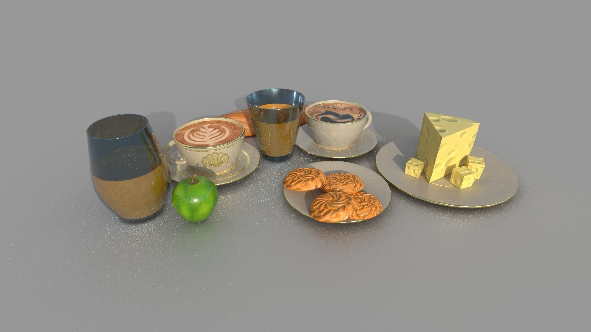 Food set coffee juice biscuits bread cheese apple BR low-poly Low-poly 3D model_5