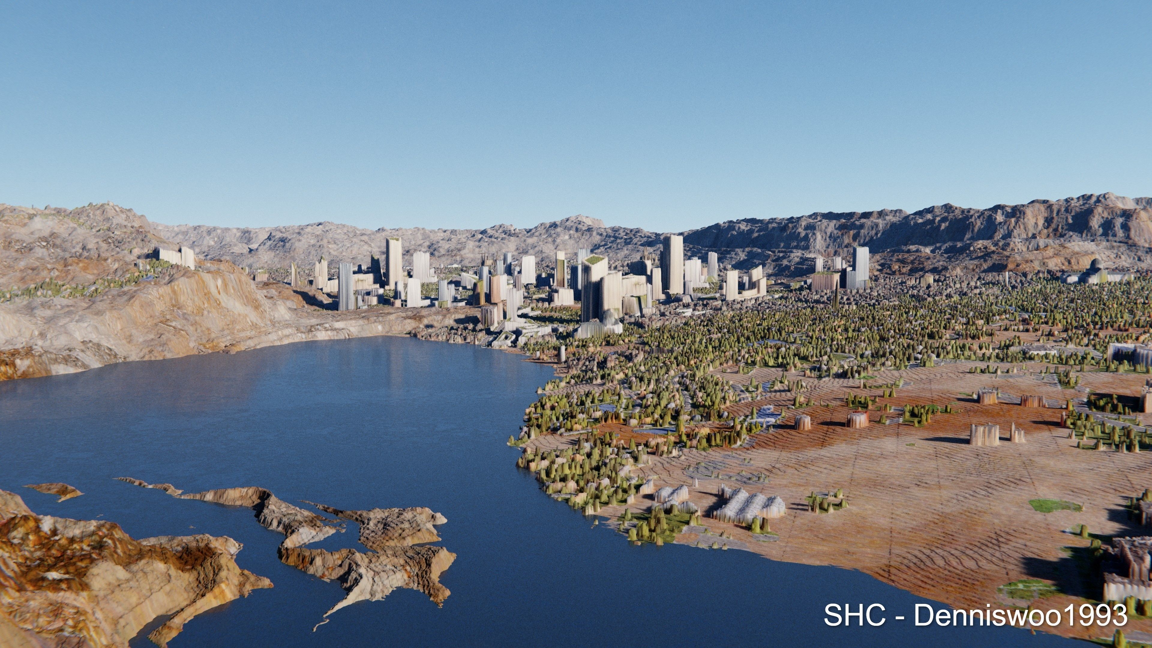 Large scale procedural planet with 3D cities and vegetation 3D model_32