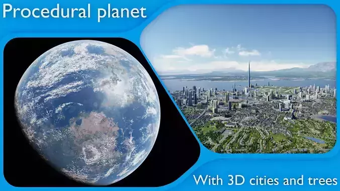 Large scale procedural planet with 3D cities and vegetation 3D model