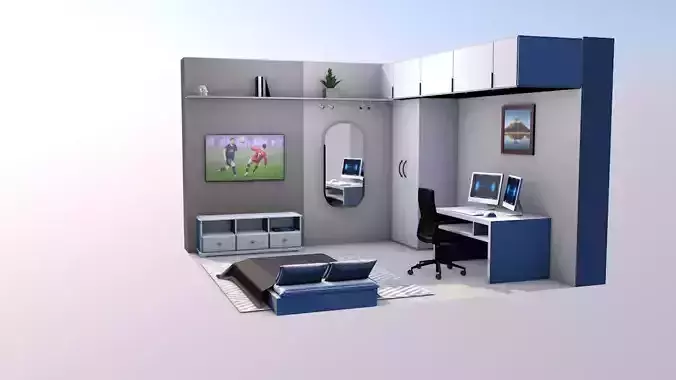 bedroom with desk and television 3D model
