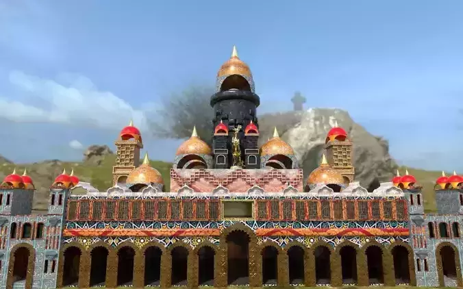 Palace ornate castle in middle of grassy field