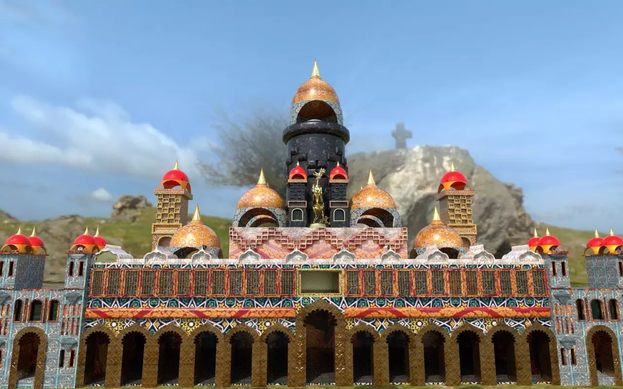Palace ornate castle in middle of grassy field Low-poly 3D model